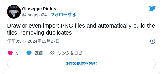 Draw or even import PNG files and automatically build the tiles, removing duplicates — Giuseppe Pintus (@thegeps74) 2024年12月27日