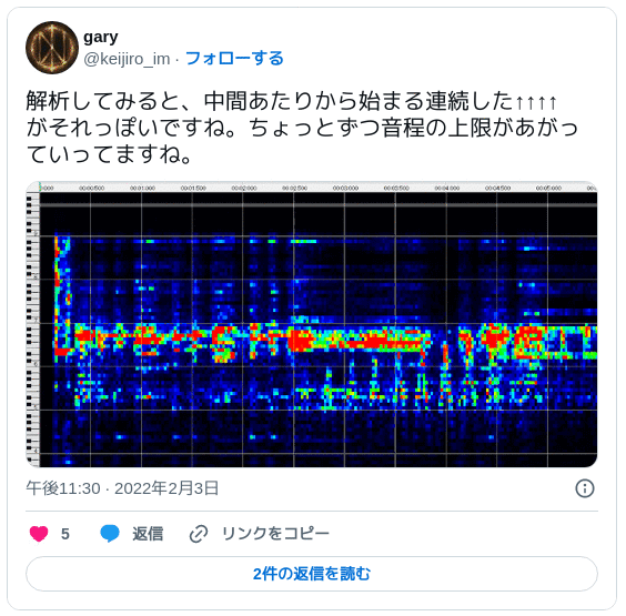 解析してみると、中間あたりから始まる連続した↑↑↑↑がそれっぽいですね。ちょっとずつ音程の上限があがっていってますね。 pic.twitter.com/R3NFwPoXhU — gary (@keijiro_im) 2022年2月3日